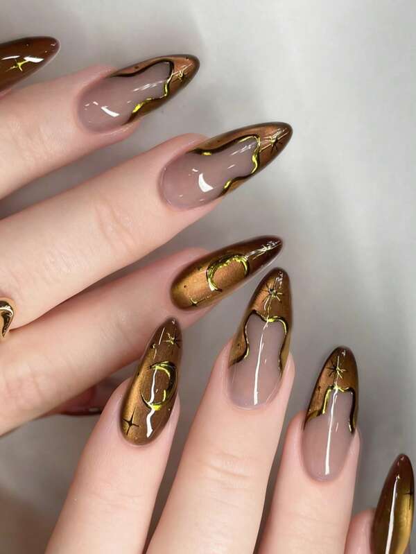 24 Stücke Herbst-Aufklebe-Mandel-Französisch-Spitzen-Nägel Y2K Rosa Nägel Medium Mode Farbverlauf Glitzer Geometrie Streifen Stern Mond Folien-Muster Muster Schlichte Stil Wiederverwendbare Aufklebe-Acrylnägel Kunstnägel Nagelzubehör, frei von 24 Stücke Gelee-Tabs und einer Mini-Feile