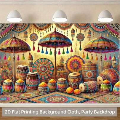 2D平面生动主题背景幕布 - 色彩缤纷的传统装饰，包含雨伞、鼓和灯笼，聚酯纤维材质，是家居、办公室、派对和摄影道具的理想之选，无需用电，派对背景幕布 | 传统设计 | 耐用聚酯纤维，家居装饰