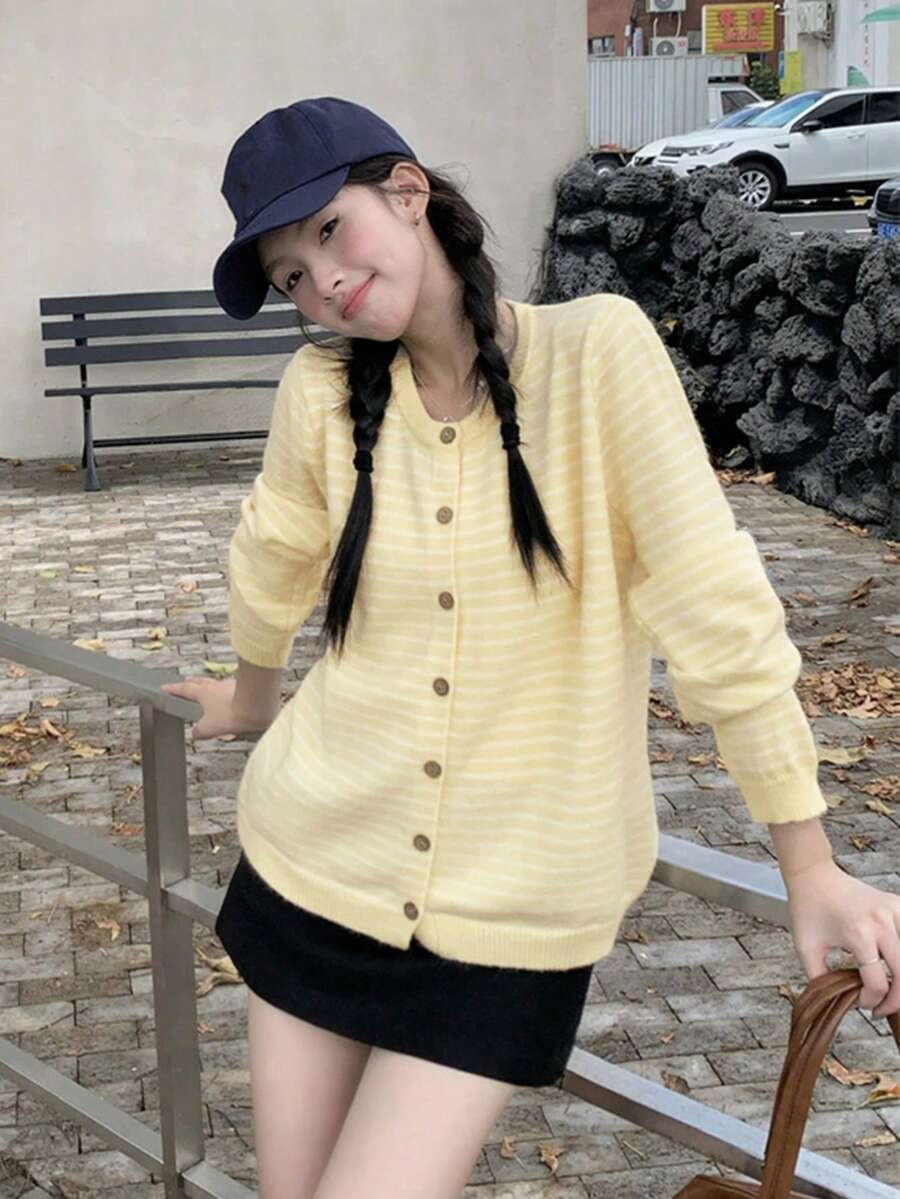 New Arrival Autumn Round Neck Striped Contrast Color Korean Style Long Sleeve Niche Cardigan Sweater (Random Stripe) - Light Yellow - View 1