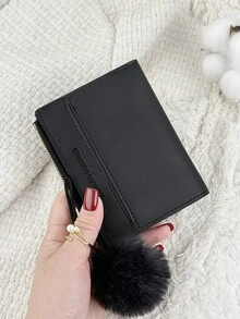 SOUTHLAND&KANGAROO This Foldable Small Wallet With A Pom-Pom Charm And Black Letter Details Is Lightweight And Portable, Suitable For Credit Cards, Keys, And Other Items. It Is Fashionable And Cute, Making It A Great Gift For Birthdays, Christmas, Anniversaries, And Suitable For Women, Girls, Ladies, Business Professionals, Students, Dorm Supplies, And Back-To-School Essentials. - Black - View 8