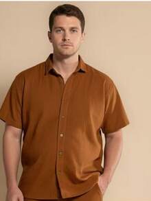 Men's Plus Size Dress Shirt, Black/White, Viscose, Sizes G1, G2, G3, Summer, Regular Fit, Buttons At The Front, Button - 摩卡棕 - 查看 1