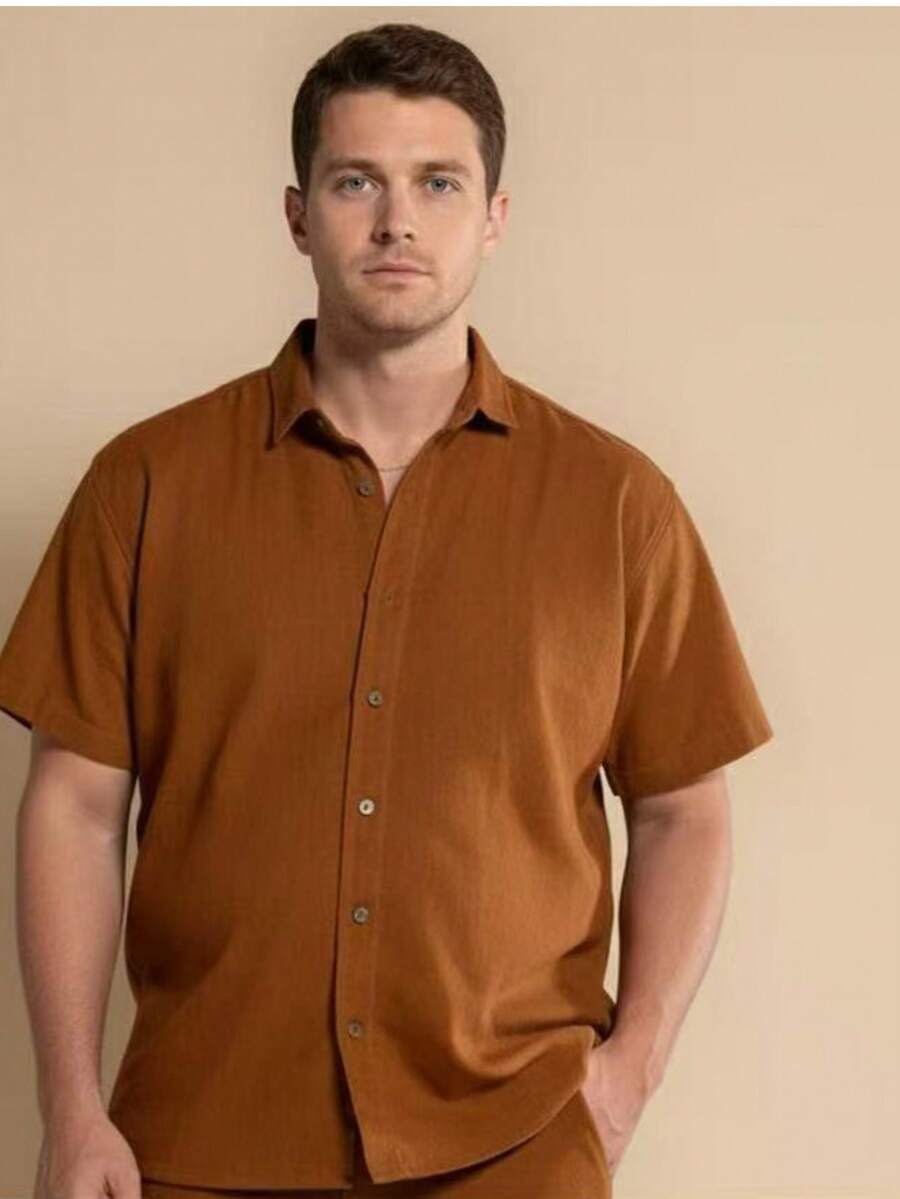 Men's Plus Size Dress Shirt, Black/White, Viscose, Sizes G1, G2, G3, Summer, Regular Fit, Buttons At The Front, Button - 摩卡棕 - 查看 1