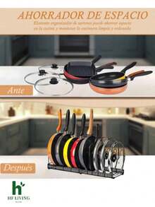 Escurridor de platos de cocina, organizador retráctil para platos, sartenes y ollas, estante organizador de tapa para gabinete, soporte multifuncional de metal con 10 compartimentos ajustables - Negro - Ver 4