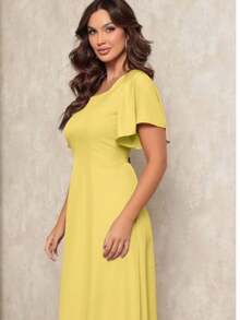 Women's Midi Dress With Short Sleeves, Princess Style, Elegant - 黃色的 - 查看 2