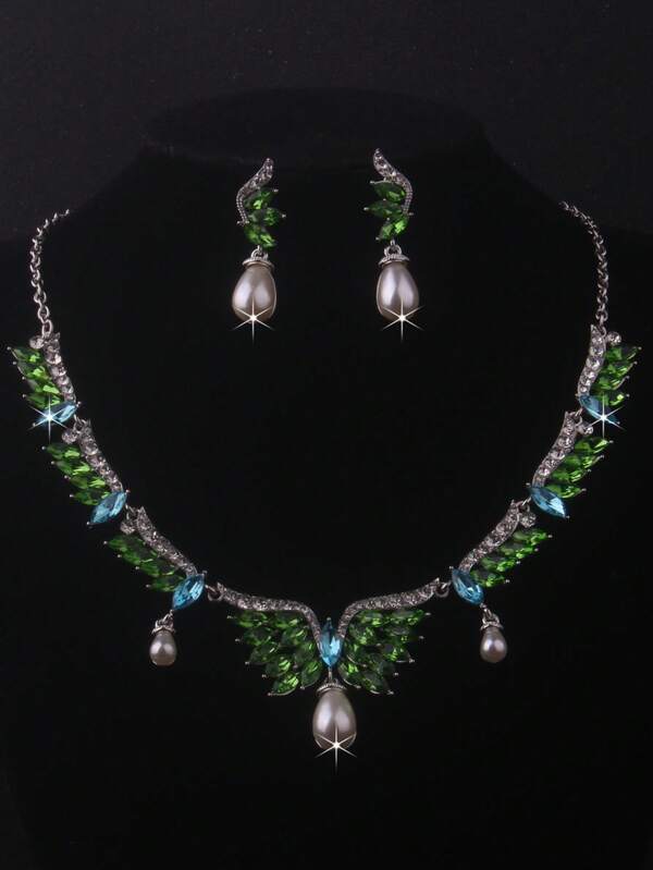 Bridal Necklace & Earrings Set, Green Pendant Beaded Necklace & Elegant Delicate Clavicle Chain Luxury High-End Earrings Jewelry Set