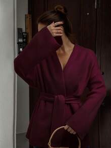 Women's Solid Color Casual Vertical Stripe Textured Design V-Neck Loose Wrap Waist Tie Long Sleeve Sweater Cardigan, Suitable For Spring, Autumn And Winter - Burgundy - View 2