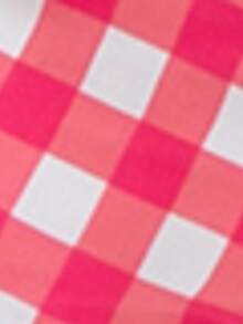 Conjunto de 3 peças com estampa pied-de-poule, top cropped com amarração nas costas, perfeito para férias e praia no verão. - Rosa Quente - Ver 8