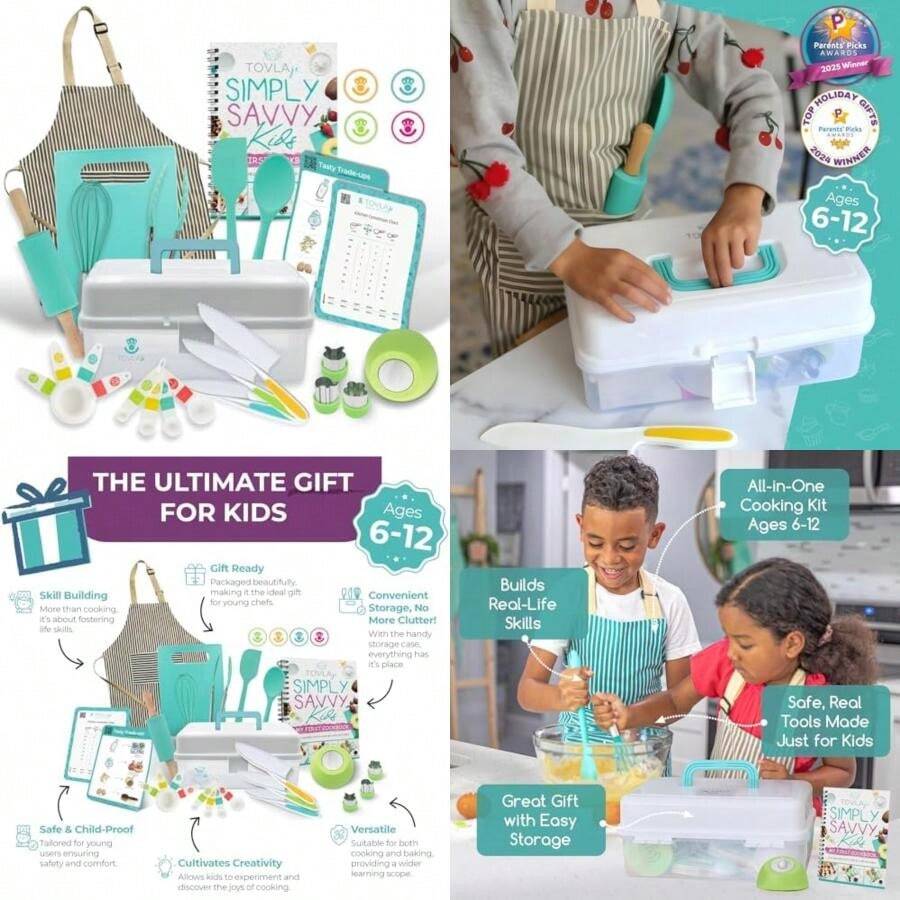 TOVLA JR Kids Real Cooking and Baking Gift Set | Montessori - Cuchillos seguros para niños, delantal, libro de cocina visual, temporizador, caja de almacenamiento y herramientas | Regalo(default) - Tipo 1 - Ver 1