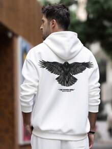 K-GLORY 男士连帽衫，秋冬新款个性化街头乌鸦鸟英文标语印花抓绒套头卫衣 - 白色 - 查看 2