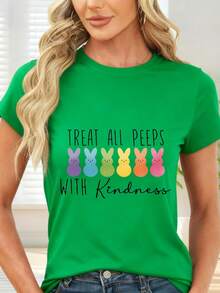 Rainbow Rabbit Print T-Shirt For Spring And Easter - 綠色 - 查看 6