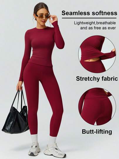 Women's Solid Color Casual Sports Top And Pants Set, Suitable For Daily Yoga And Workout