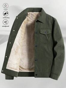 Men 1pc Military Green Corduroy Thermal Lined Long Sleeve Jacket, Outdoor Camping Style, Water-Resistant & Wind-Proof, Sherpa Lining For Warmth, Turndown Collar, Multi-Pocket Design, Practical For Outdoor Activities And Team Building, Fall/Winter - Army Green - View 13