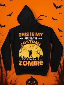 1 Felpa con cappuccio a tema zombie - Nera con stampa gialla sul retro "Questo è il mio costume da umano", Taglia 5XL, Felpa in poliestere calda e leggera, Adatta per costumi, feste e uso quotidiano - Idea regalo per costume da zombie - nero - Visualizzare 6