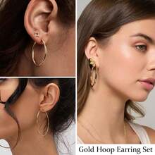 24pcs Elegant Geometric Hoop Earrings Set, Faux Pearl Embellished Round Earrings, Versatile For Women's Daily, Party, Date, Wedding Jewelry - Gold - View 6