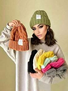 1pc Beanie Hat - Cable Knit, Cold-Proof, Warm, Versatile Solid Color Knitted Hat For Women, Loose Fit, Autumn/Winter, Green, Fashionable - Nhiều màu - Xem 12
