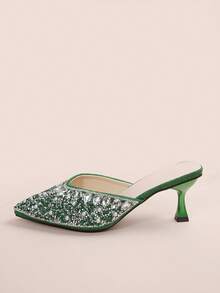 Tacones altos de mujer con puntera francesa, decorados con rhinestones, de estilo minimalista y elegante, apropiados para citas, ir al trabajo y viajes - Verde - Ver 2