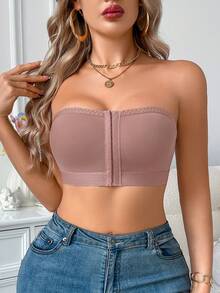 1pc Solid Color Casual - Comfortable Minimalist Knit Fabric Front Button Wireless Bralette For Women, All Season - Dusty Pink - View 6