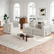 Chenille 2-In-1 Sofa Bed With Armrest Storage Pocket, Three Metal Frames And Multiple Configuration Options - Khaki + Chenille + 3 Seat - View 7