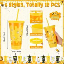 Set/24 Pcs Bee Theme Party Favors Set Include 24oz Honey Bee Plastic Cups With Lids And Straws And Silicone Bracelets Wristbands Reusable Plastic Tumblers For Birthday Party - ĐenTrắngvàVàng - Xem 2