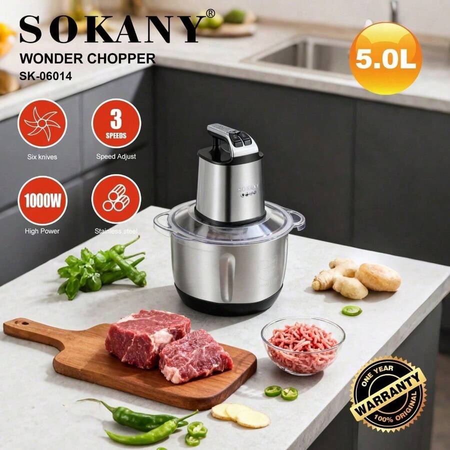 SOKANY 06014 Multi-Functional Meat Grinder/Shredder. 1000W High Power, 5L Large Capacity. 3-Speed Adjustment. Stainless Steel Body. Triple Blade Design. Suitable For Mincing Meat, Garlic, Vegetables And More. An Essential Kitchen Tool For Home Cooking. - EU C Type Plug(220-240V) - View 1
