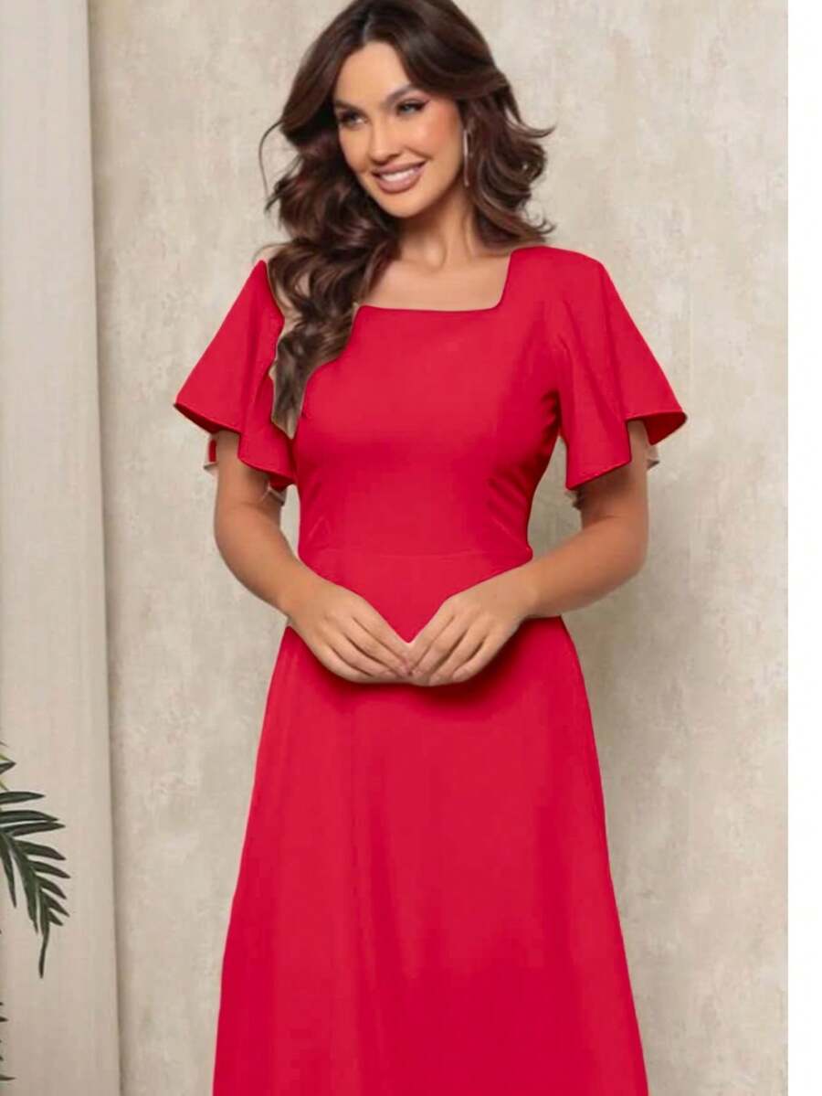 Women's Midi Dress With Short Sleeves, Princess Style, Elegant - 紅色的 - 查看 1