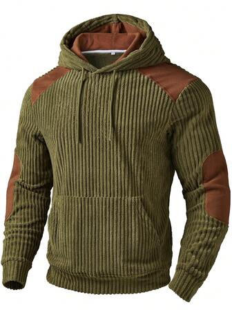 Men's Fashionable Casual Military Green Ribbed Patchwork Brown Design Hoodie, Elegant Fit For Daily Wear And Social Occasions