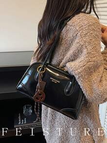 1个PU材质女士通勤腋下包，时尚保龄球包款式，带吊坠，适合日常出行、约会和通勤。 - 黑色 - 查看 7