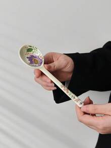 Vintage Floral Ceramic Spoon, Household Soup Spoon, Japanese Style Dessert Spoon, High-Quality Rice Spoon, Personal Long Handle Spoon