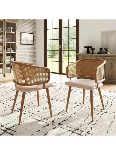 Dining Chairs, Chairs Rattan Backrest, PU Leather Seat Cushion, Com Tafel Breathable, Moderne Restaurants, Living Rooms Cafes