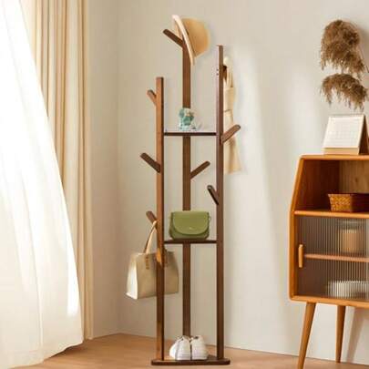 Uandhome Bamboo Clothes Hanger Stand: Freestanding Cloth Rail Wooden Clothes Rack With 3 Tier Shelves And 10 Hooks Entry Hall Tree Multifunctional Coat Stand For Bedroom Hallway Walnut