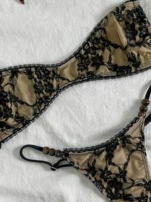 女士性感时尚高端性感浪漫度假海滩旅行派对蕾丝串珠挂脖系带比基尼泳衣，性感两件套，春夏新品 - 黑色 - 查看 3