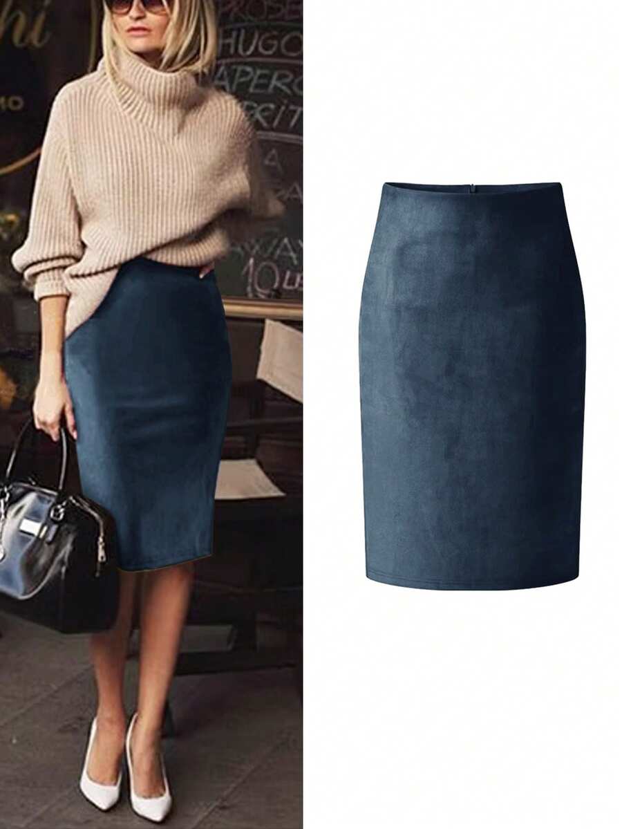 女士优雅通勤鹿绒拉链A字半身裙，后开衩，无弹力，适合冬季穿着