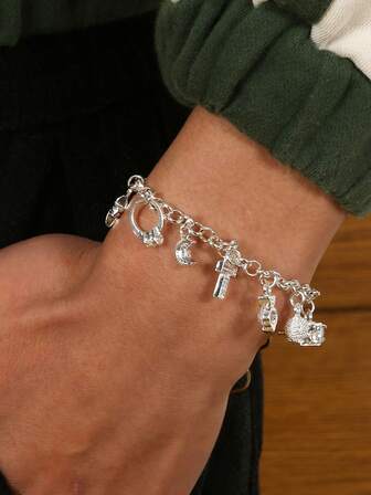 多吊坠银手链 - 马蹄铁月亮十字架动物吊坠链手链，街头时尚/日常休闲饰品，送给女性和少女的时尚礼物