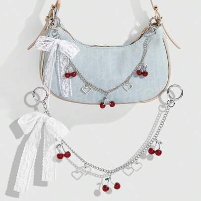 New Y2K Style Minimalist High-End Black & White Lace Bow Faux Cherry Pendant DIY Bag Charm Gifts For Women Phone Accessories Personalised Gifts Funny Gifts Phone Charm