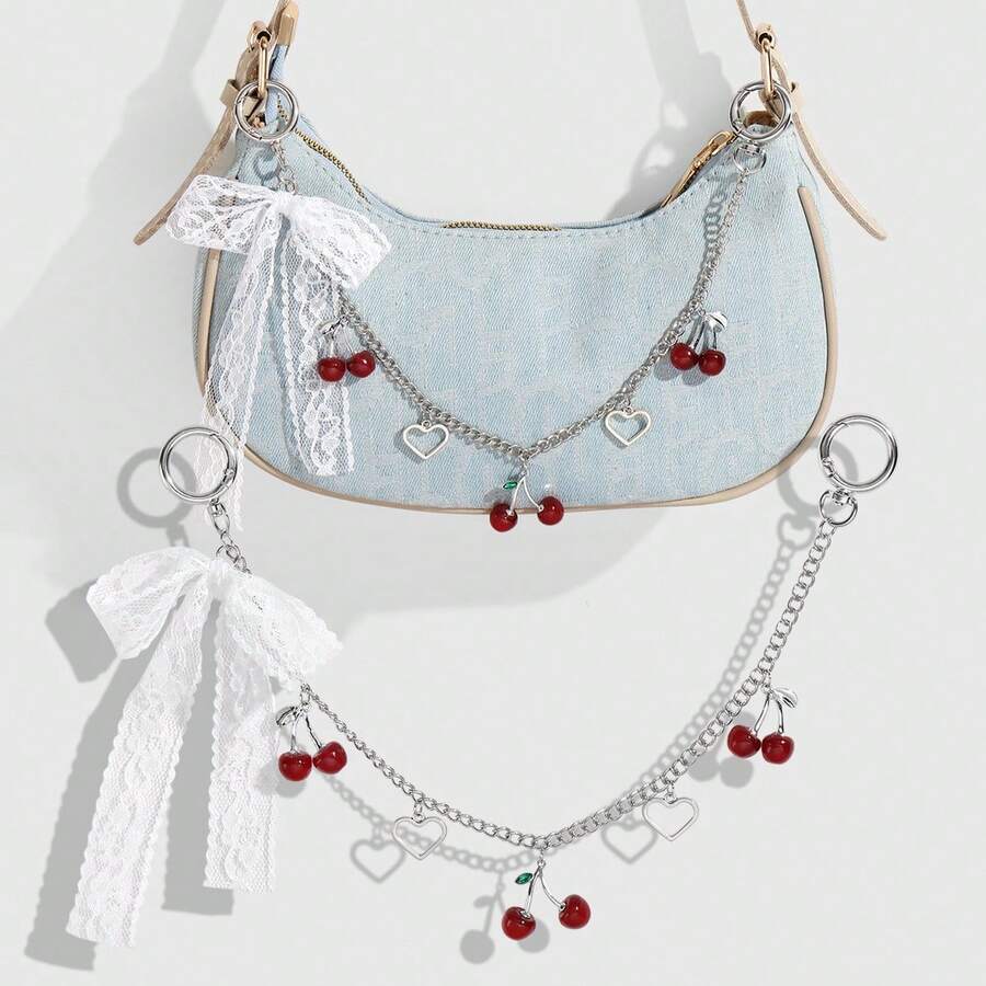 新款Y2K风格极简高端黑白蕾丝蝴蝶结仿樱桃吊坠DIY包包挂饰女士礼物手机配件个性化礼物趣味礼物手机挂饰 - 彩色 - 查看 1