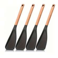 1pcs Cooking Spoons For Nonstick Cookware 12 Inch Silicone Spoon Spatula With Wood Handle For Cooking, Serving, Mixing, Scoop, And Scrape, Black - Black - View 1