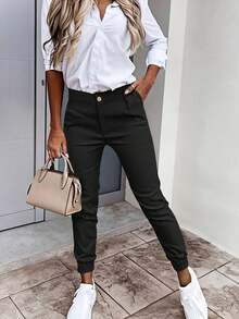 Damen einfarbige, lässige, minimalistische, vielseitige, schlankende Hose mit Kordelzug in der Taille, Taschen und Reißverschluss-Knopf-Design in Große Größen, geeignet für Laufen, Urlaub, Zuhause