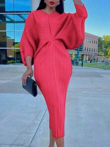 Women's Pleated Batwing Sleeve Dress - V-Neck Solid Color, Comfortable Fabric, Suitable For Daily, Casual, Office & Formal Dinner Occasions, One Size (Up To XXL) - Màu Hồng  Dưa hấu - Xem 1