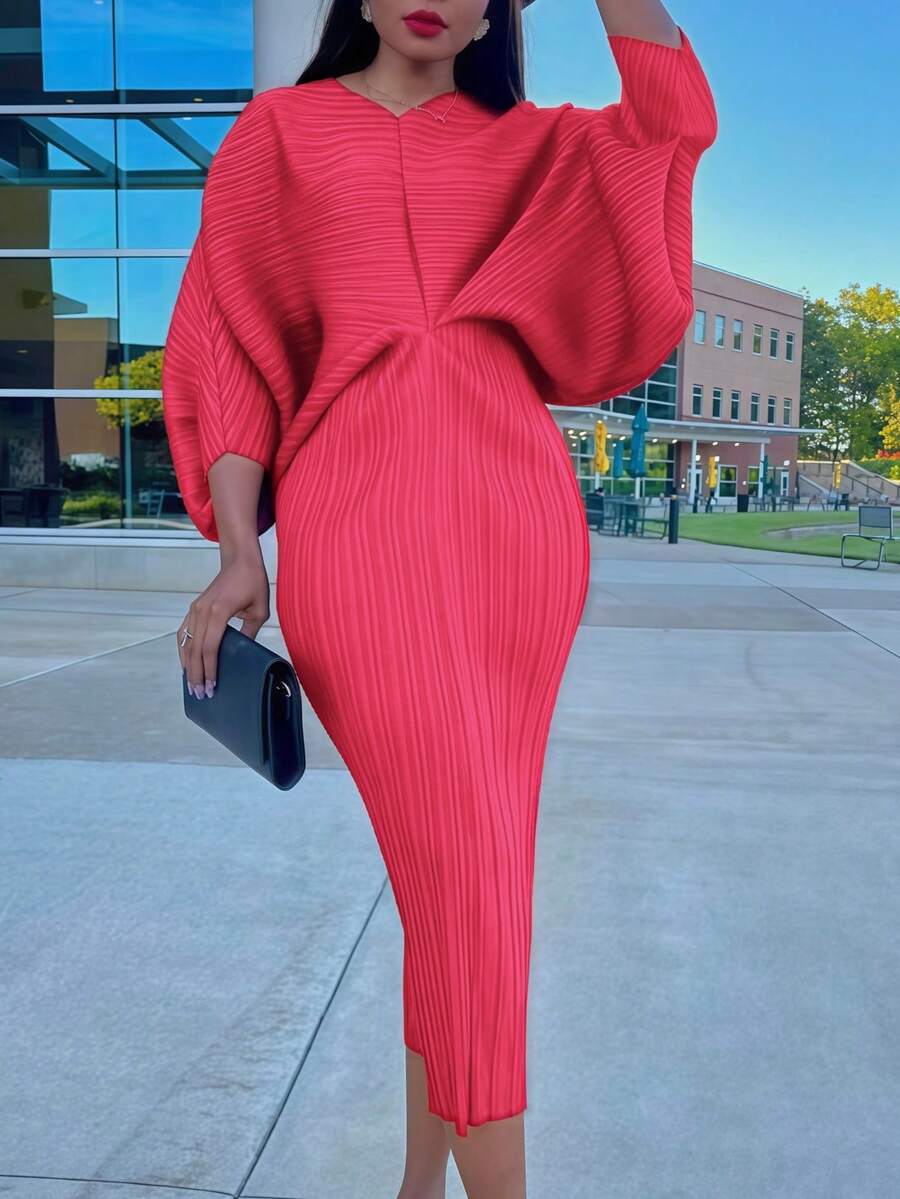 Women's Pleated Batwing Sleeve Dress - V-Neck Solid Color, Comfortable Fabric, Suitable For Daily, Casual, Office & Formal Dinner Occasions, One Size (Up To XXL) - Màu Hồng Dưa hấu - Xem 1