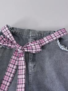 13-16 Years Old Teen GirlBlue Plaid Waist Belt Washed Ripped Plaid Denim Jeans - Blue - View 4