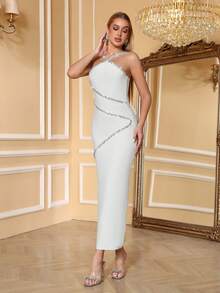 Love Aing Women's White Dress, Luxurious Wedding Guest Party Holiday Handmade Crystal Chain Halter Sexy Elegant Ball Gown, Romantic Formal Occasion Evening Dress Spring - White - View 4