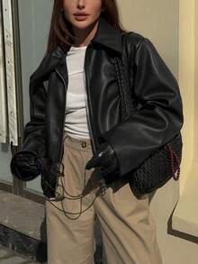 女士复古翻领长袖简约PU皮宽松夹克，女士时尚新款做旧皮夹克，秋季纯色拉链长袖复古PU夹克
