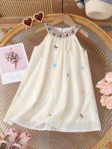 女童时尚花卉刺绣领公主薄纱连衣裙，配大蝴蝶结，适合宝宝派对，夏季 - 杏色 - 查看 1