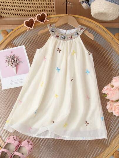 Girls' Fashionable Floral Embroidered Collar Princess Tulle Dress With Big Bow, Baby Party Dress, Summer