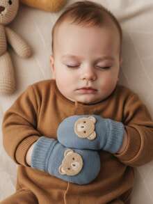 3pcs/Set Embroidered Bear Design Baby Boy Mittens, Cartoon Knitted Thick Warm Gloves, Candy Colors, Suitable For Autumn/Winter, 0-12M