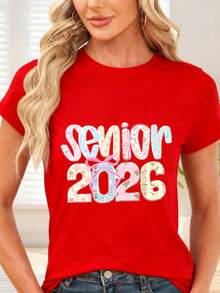 Camiseta de  con estampado floral y texto Senior 2026 para graduación - Rojo - Ver 6