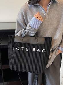 Bolso de mano de mujer de pana de unicolor con gran capacidad y parches - Negro - Ver 8