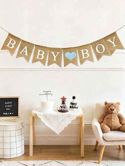 1pc Baby Boy And Baby Girl Banner - Pre Installed Yellow Hemp Flag, Used For Baby Showers And Gender Revealing, With Light Blue Heart-Shaped Pattern, Baby Themed Party