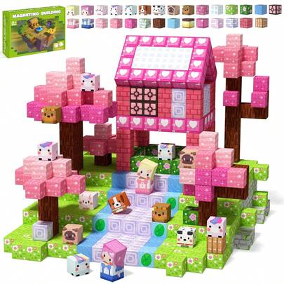 50-300pcs Magnetic Building Tiles - Mineral World Magnetic Pink Girly Flower World, Cubic Construction Toy Set, STEM Montessori Sensory Toys, Suitable For Children 3+ Years Old, Stacking Magnets, Birthday/Holiday Gift For Boys & Girls (Some Colors Random)