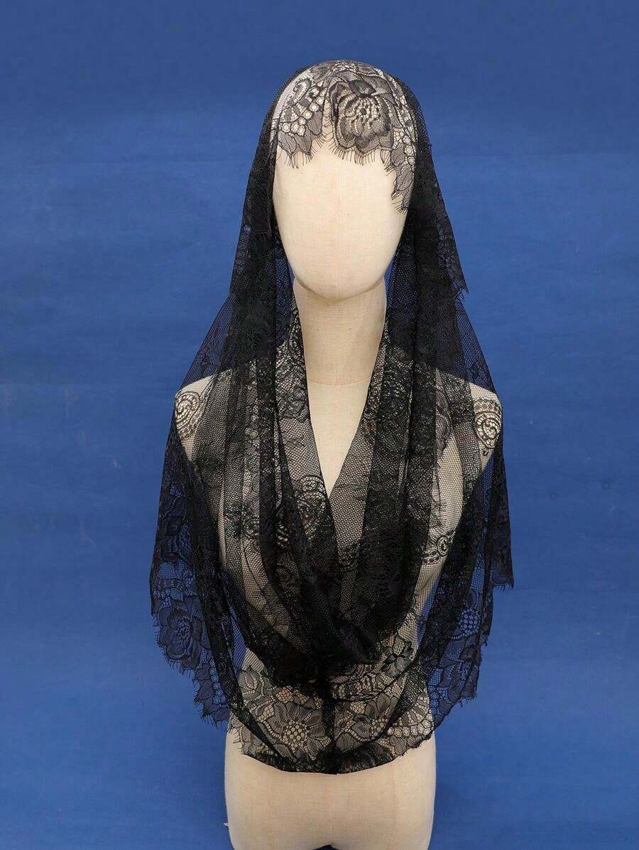 1pc Bride Lace Trim Covering Veil, Hollow Shoulder Scarf Fall Clothes For Women - Black - View 1